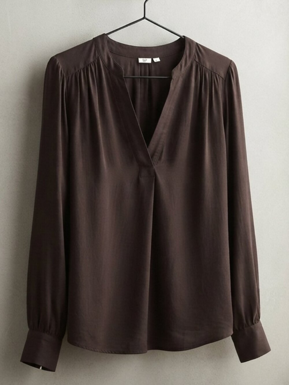 GAP Dark Brown V-Neck Popover Blouse Women's Medium Long Sleeve Casual Top